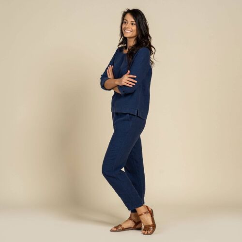 Organic 100% Linen Set Of Blouse NORA & Pants DAKOTA - Storm Blue