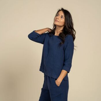 Ensemble Blouse NORA & Pantalon DAKOTA 100% Lin Bio - Bleu Orage 2