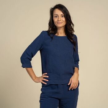 Ensemble Blouse NORA & Pantalon DAKOTA 100% Lin Bio - Bleu Orage 3