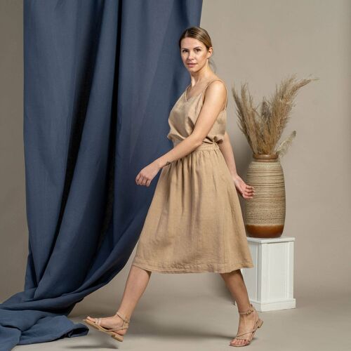 Organic 100% Linen Set Of Slip Top KIM & Skirt SOPHIA - Beach Brown