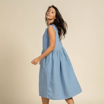 Organic 100% Linen Smock Dress – MAYA Cloudy Blue