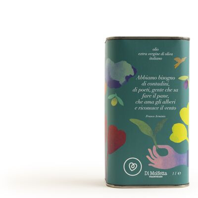 Extra virgin olive oil in a 1 LT ROMANTIC CAN, 100% Italian product with phrases from various authors dedicated to nature, dreams and love