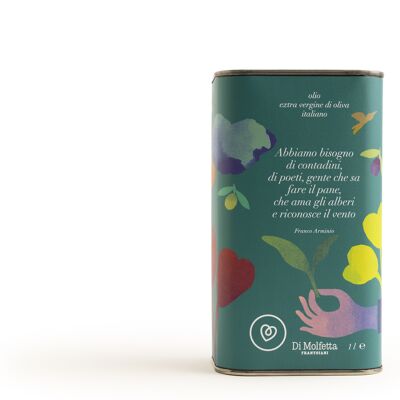 Aceite de oliva virgen extra en lata ROMÁNTICA de 1 LT, producto 100% italiano con frases de varios autores dedicadas a la naturaleza, los sueños y el amor.