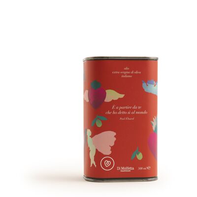 Extra virgin olive oil in ROMANTIC CAN of 0.500 LT, 100% Italian product with phrases from various authors dedicated to nature, dreams and love