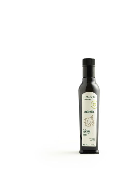 Olio extravergine di oliva in bottiglia da 250 ml aromatizzato all' AGLIO, 100% prodotto italiano