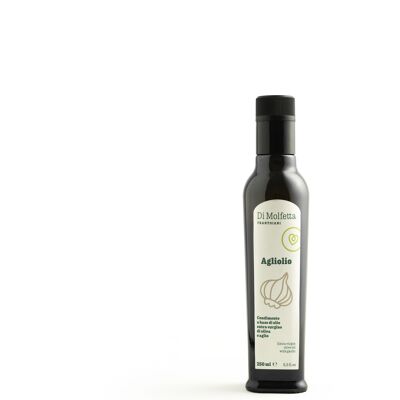 Aceite de oliva virgen extra en botella de 250 ml aromatizado con AJO, producto 100% italiano