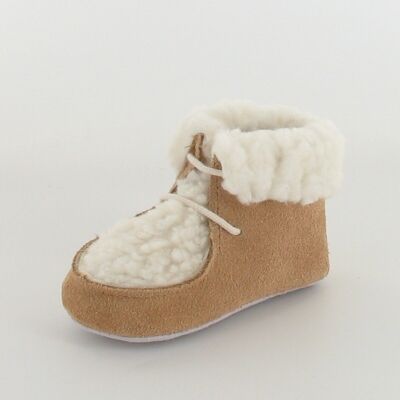 Baby leather slippers with sheepskin collar and platform - Camel