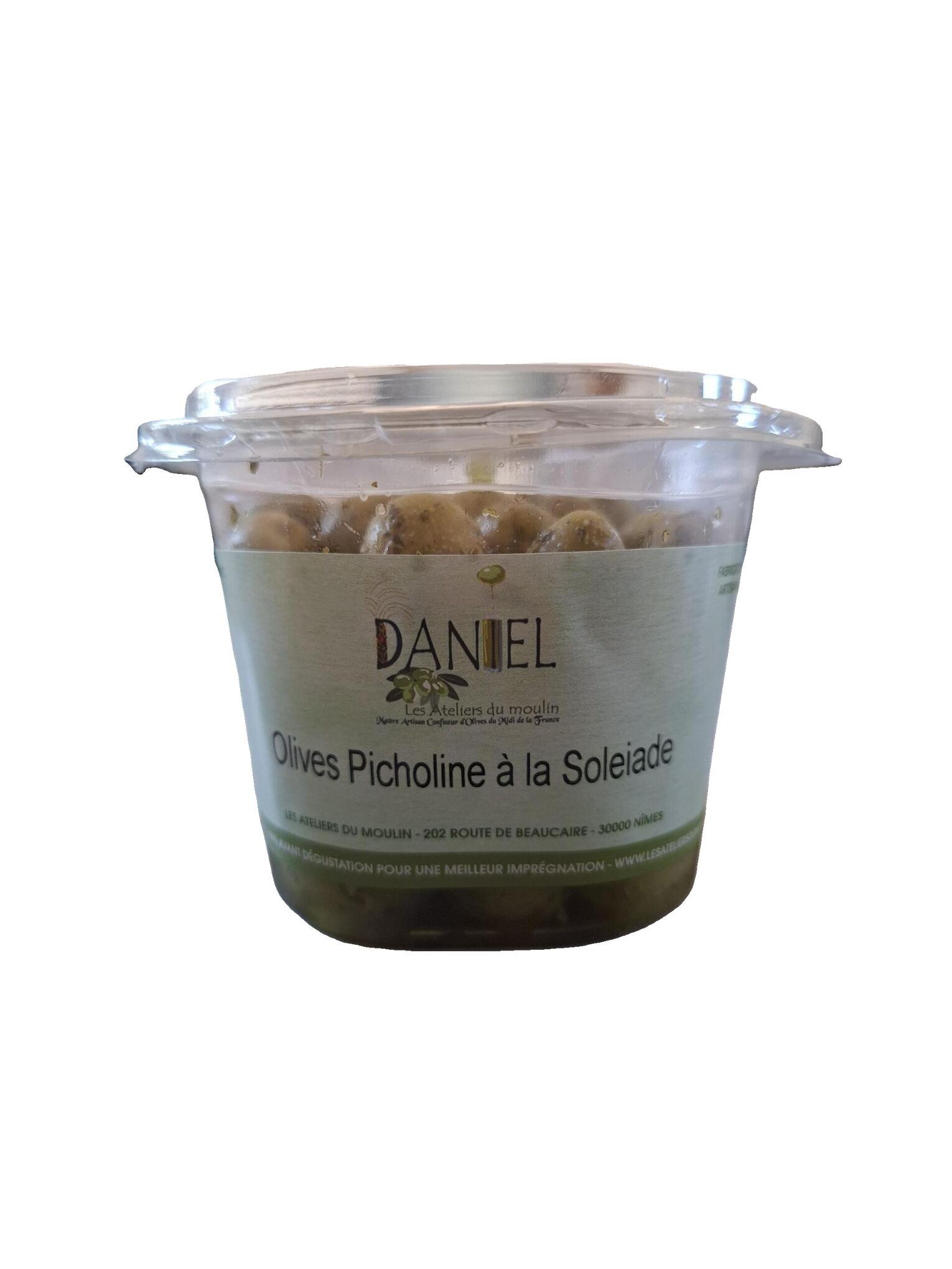 Olive verdi Picholine dalla Francia con soleiade pastorizzata 250gr
