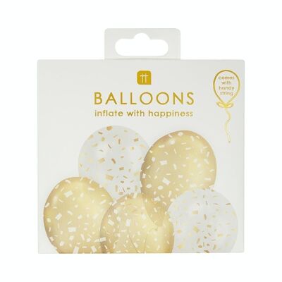 White and Gold Confetti Balloons - 5 Pack