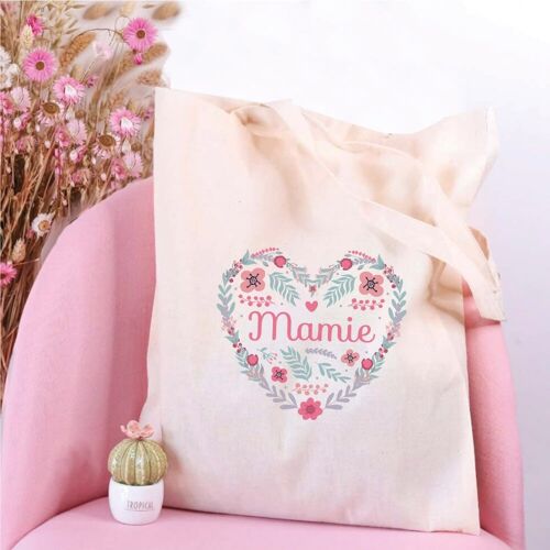 Grand tote bag "Mamie coeur en fleurs"