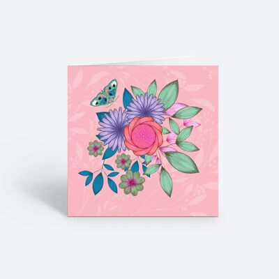 Cartolina d'auguri floreale rosa con farfalla