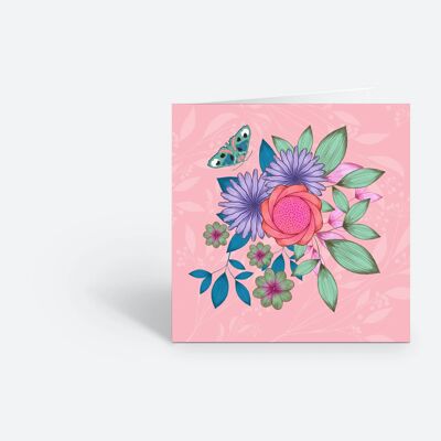 Cartolina d'auguri floreale rosa con farfalla
