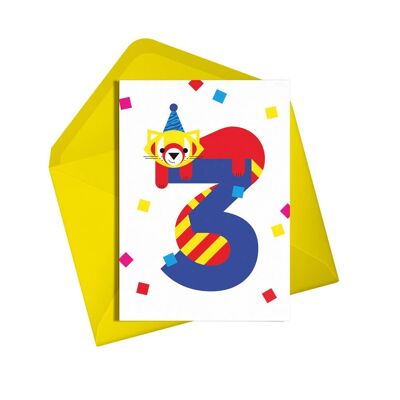 Feliz 3ra tarjeta de cumpleaños | panda rojo | Número tres para niños