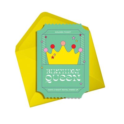 Tarjeta del feliz cumpleaños | Reina del cumpleaños | Boleto dorado troquelado