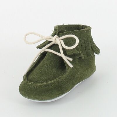 Leather baby booties with fringes KHAKI