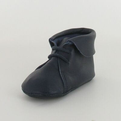 Baby booties in natural leather with lapel collar -Navy