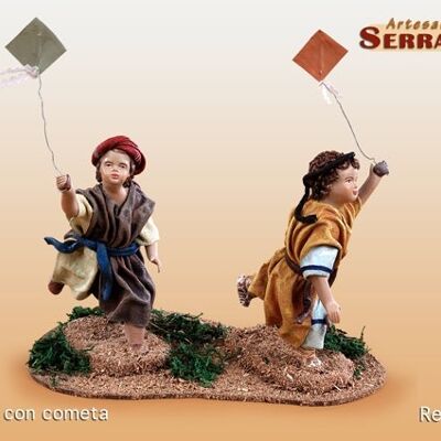 2 children with kite, nativity scene figure