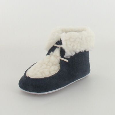 Chausson bébé cuir col et plateau mouton Marine