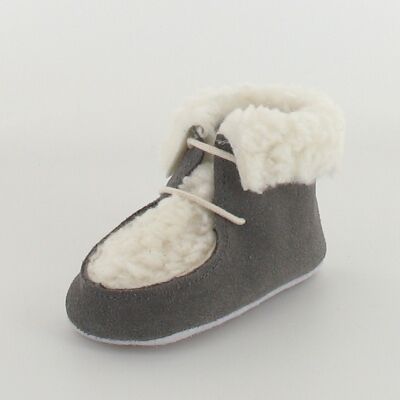 Babyschuhe aus Leder mit Lammfellkragen und Plateau Grau