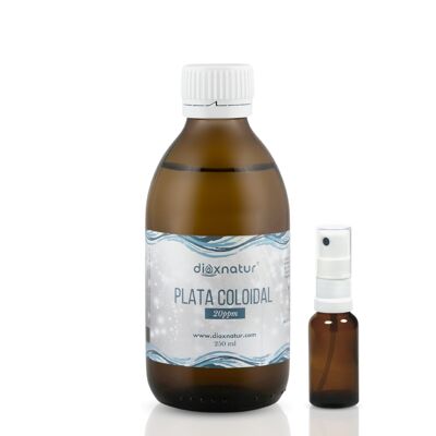 DIOXNATUR® Plata coloidal 20 ppm 250 ml | 100% natural | Óptima Concentración | Incluye Pulverizador y vasito medidor | Botella vidrio ámbar.
