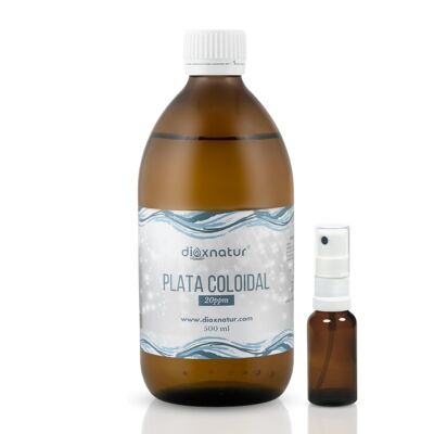 DIOXNATUR® Plata coloidal 20 ppm 500 ml | 100% natural | Óptima Concentración | Incluye Pulverizador y vasito medidor | Botella vidrio ámbar.