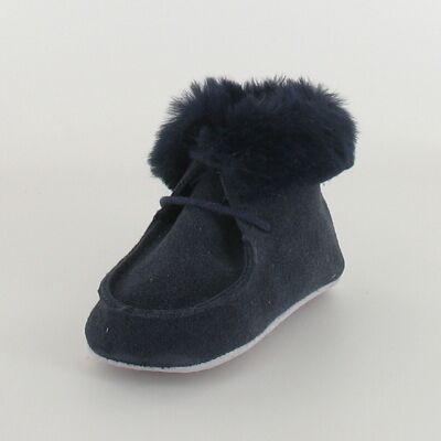 Navy leather baby slippers with fur collar