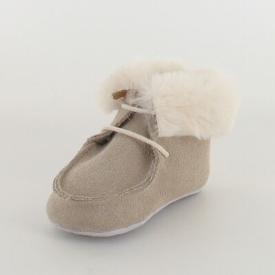 Leather baby shoes with fur collar Beige