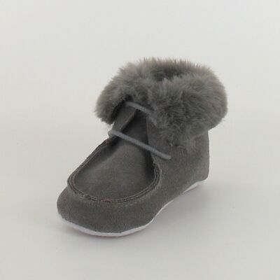 Leather Baby Booties with Fur Collar Gray