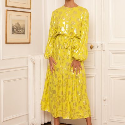 Belted dress with puff sleeve print and gold effect