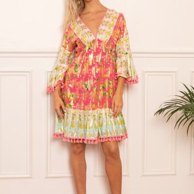 V-neck tassel floral print tunic dress with gold effect