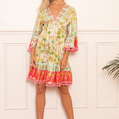 V-neck tassel floral print tunic dress with gold effect