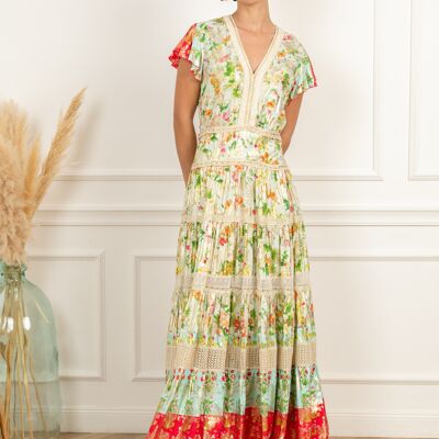 Vestido largo escote pico con encaje, estampado bohemio con efecto dorado