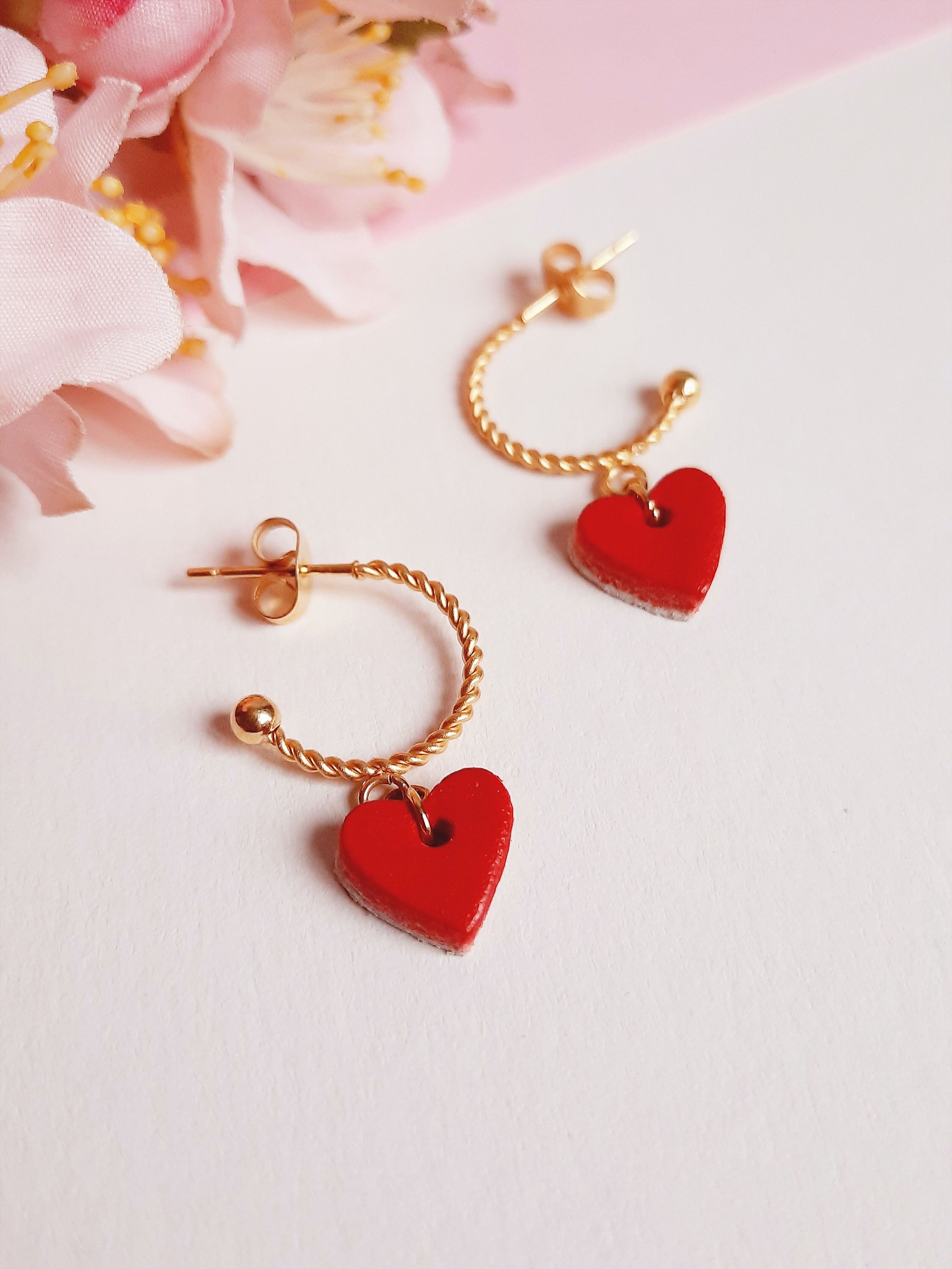 Red Heart Earrings. Valentines Earrings. Love Earrings. Gold Hoops