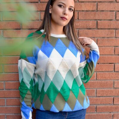 Knitted sweater, green and blue diamonds