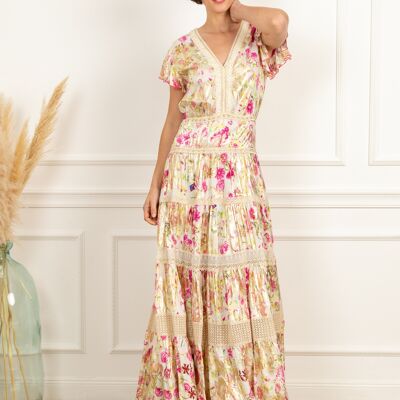 Long V-neck dress with lace, bohemian print with gilding effect