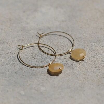 Thin hoop earrings with natural stone pendant Ida Nude Or | Handmade jewelry in France