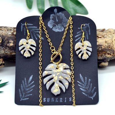 Set necklace earrings in resin monstera leaf color white and gold leaf