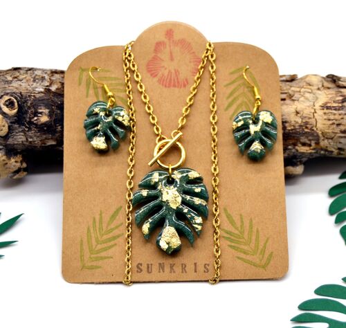 Parure collier boucles d'oreilles en résine feuille monstera coloris vert et feuille d'or