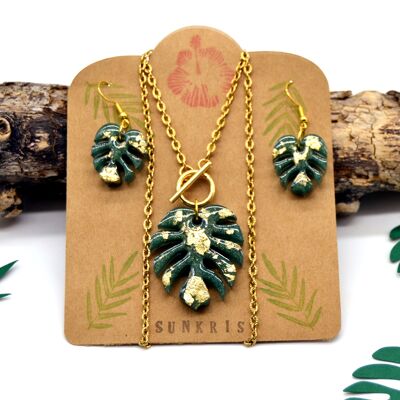 Adornment necklace earrings in monstera leaf resin green and gold leaf