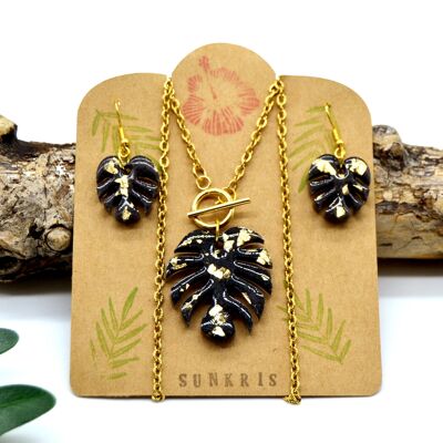Set necklace earrings in monstera leaf resin black and gold leaf
