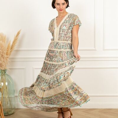 Vestido largo escote pico con encaje, estampado bohemio con efecto dorado