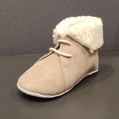 Leather baby booties with fur collar-Beige