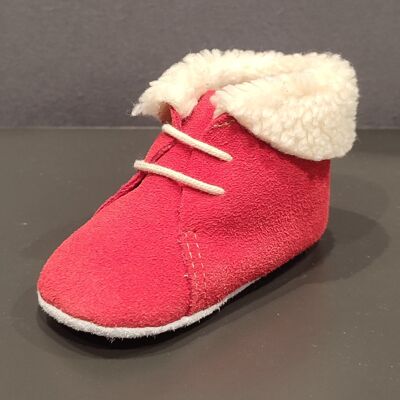 Baby leather slippers with fur collar -Red