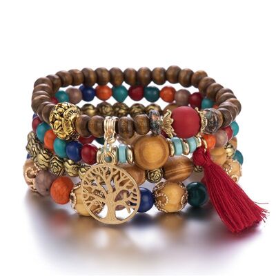 Bracelet en perles de bois multicouche Boho