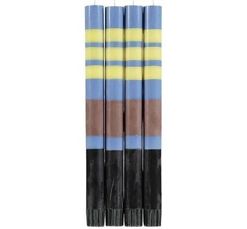 Striped Rose Beige, Saxe Blue, Jet Black & Primrose Yellow Eco Dinner Candles, 4 per pack