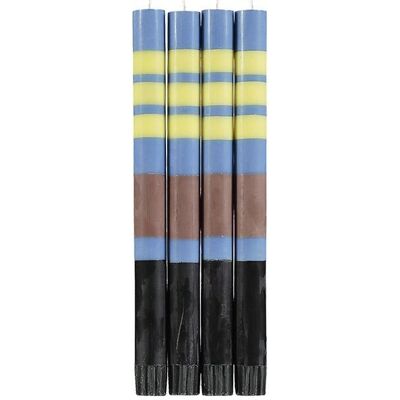 Velas para la cena ecológicas a rayas en beige rosa, azul Saxe, negro azabache y amarillo prímula, 4 por paquete