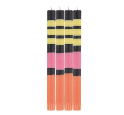 Striped Jet Black, Orange Flame, Neyron & Sulphur Yellow Eco Dinner Candles, 4 per pack