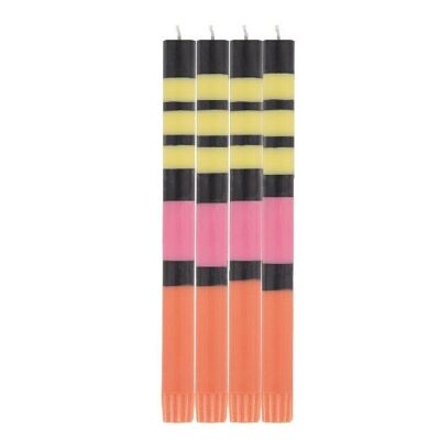 Velas ecológicas rayadas negro azabache, llama naranja, neyron y amarillo azufre, 4 por paquete