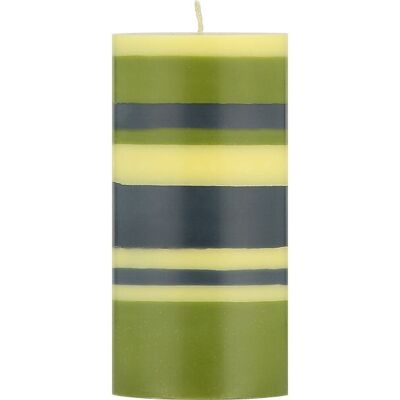 Bougie pilier rayée olive, indigo et jasmin de 15 cm de haut