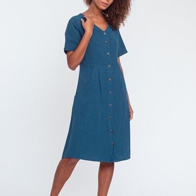 ROBE MANCHES COURTES EN COTON  - B739 BLEU PETROLE